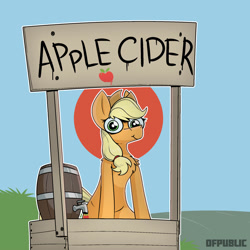 Size: 2000x2000 | Tagged: safe, artist:dfs, artist:difis, artist:dumbf, applejack, earth pony, pony, barrel, chest fluff, cider, cider stand, creepy, dilated pupils, looking at you, smiling, solo, special eyes, stare