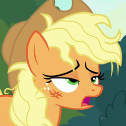 Size: 450x450 | Tagged: safe, screencap, applejack, earth pony, pony, sounds of silence, applejack's hat, context is for the weak, cowboy hat, cropped, female, hat, lidded eyes, mare, messy mane, open mouth, solo