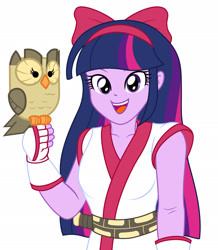 Size: 2104x2408 | Tagged: safe, artist:sumin6301, owlowiscious, twilight sparkle, bird, owl, equestria girls, bow, clothes, cosplay, costume, female, fingerless gloves, gloves, hair bow, looking at you, nakoruru, open mouth, samurai shodown, samurai spirits, simple background, smiling, white background