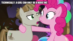 Size: 800x450 | Tagged: safe, edit, edited screencap, screencap, mudbriar, pinkie pie, earth pony, pony, the maud couple, caption, duo, gender, grammar, heroine, image macro, party cave, technically, text