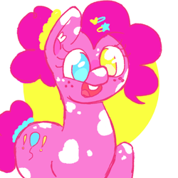 Size: 500x500 | Tagged: safe, artist:softyshy, pinkie pie, earth pony, pony, alternate cutie mark, cute, female, heterochromia, open mouth, redesign, simple background, sketch, smiling, solo, tail wrap