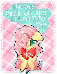 Size: 2788x3600 | Tagged: safe, artist:mcwolfity, fluttershy, pegasus, pony, blushing, cute, daaaaaaaaaaaw, female, heart, hnnng, looking at you, mare, shyabetes, solo, valentine's day card, weapons-grade cute