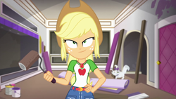 Size: 1920x1080 | Tagged: safe, screencap, applejack, opalescence, better together, diy with applejack, equestria girls, geode of super strength, high, high as fuck, magical geodes, paint roller