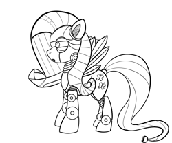 Size: 2400x2000 | Tagged: safe, artist:cybersquirrel, fluttershy, pegasus, pony, robot, robot pony, flutterbot, inktober, monochrome, simple background, white background