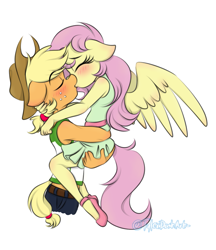 Size: 975x1131 | Tagged: safe, artist:tylerdashart, applejack, fluttershy, anthro, earth pony, pegasus, applejack's hat, appleshy, blushing, carrying, clothes, cowboy hat, dress, eyes closed, female, floppy ears, freckles, hat, hug, kissing, lesbian, midriff, shipping, shirt, shoes, short shirt, simple background, skirt, stetson, white background