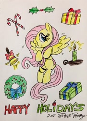 Size: 1004x1390 | Tagged: safe, artist:debmervin, fluttershy, pegasus, pony, bell, candle, christmas, holiday, present, wreath