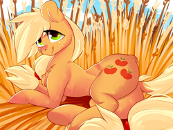 Size: 2000x1500 | Tagged: safe, artist:amberpendant, applejack, earth pony, pony, beautiful, cute, dock, female, field, freckles, hair, hatless, jackabetes, looking at you, lying, mare, missing accessory, plot, solo, tail, underhoof