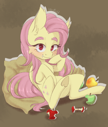 Size: 1700x2000 | Tagged: safe, artist:silbersternenlicht, fluttershy, bat pony, pony, apple, apple core, bat ponified, cheek fluff, chest fluff, cute, cute little fangs, ear fluff, fangs, female, flutterbat, folded wings, food, looking at you, mare, on back, race swap, raised hoof, red eyes, sitting, smiling, solo, three quarter view, underhoof, wings