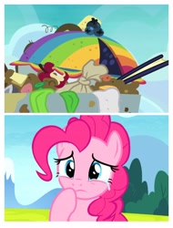 Size: 3106x4096 | Tagged: safe, edit, edited screencap, screencap, pinkie pie, earth pony, pony, secrets and pies, the maud couple, crying, food, karma, pie, that pony sure does love pies, trash, trash can