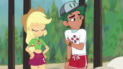 Size: 1920x1080 | Tagged: safe, screencap, applejack, timber spruce, better together, equestria girls, applejack's hat, arms, cap, clothes, cowboy hat, female, geode of super strength, hat, lifeguard, lifeguard applejack, lifeguard timber, magical geodes, male, shorts