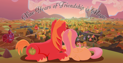 Size: 3920x2025 | Tagged: safe, anonymous artist, big macintosh, fluttershy, earth pony, pegasus, pony, series:fm holidays, canterlot, facing away, female, fluttermac, happy birthday mlp:fim, holding hooves, lineless, male, mlp fim's ninth anniversary, nuzzling, ponyville, prone, shipping, straight, sunset, sweet apple acres