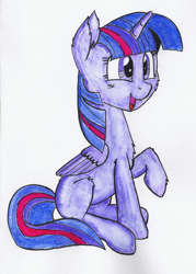 Size: 1250x1750 | Tagged: safe, artist:ravio-li, twilight sparkle, twilight sparkle (alicorn), alicorn, pony, raised hoof, simple background, sitting, smiling, solo, traditional art, white background