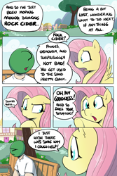 Size: 800x1200 | Tagged: safe, artist:shoutingisfun, fluttershy, oc, oc:anon, human, pegasus, pony, comic:one left, bench, comic, dialogue, female, floppy ears, human male, implied pinkie pie, looking at each other, male, mare, open mouth, raised hoof, sitting, speech bubble, spread wings, wings