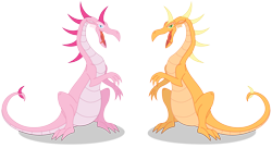 Size: 2999x1632 | Tagged: safe, artist:elsdrake, applejack, pinkie pie, dragon, dragoness, dragonified, dragonjack, duo, female, open mouth, pinkiedragon, simple background, sitting, species swap, tongue out, transparent background, wingless dragon