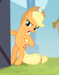 Size: 613x787 | Tagged: safe, screencap, applejack, earth pony, pony, leap of faith, bipedal, cropped, female, freckles, mare, open mouth, raised hoof, solo