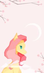 Size: 1000x1641 | Tagged: safe, artist:wo-jtekkk, fluttershy, pegasus, pony, cherry blossoms, cloud, crescent moon, cute, female, flower, flower blossom, low poly, mare, moon, pink background, profile, shyabetes, simple background, solo