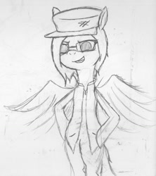 Size: 1024x1153 | Tagged: safe, artist:aeropegasus, oc, oc only, oc:aero pegasus, pegasus, pony, cap, clothes, female, flying, glasses, grin, hat, hooves on hips, looking down, simple background, sketch, smiling, vest, white background