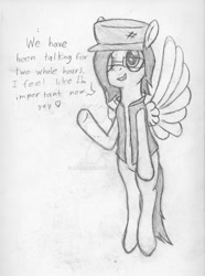 Size: 1024x1375 | Tagged: safe, artist:aeropegasus, oc, oc only, oc:aero pegasus, pegasus, pony, cap, clothes, female, flying, glasses, happy, hat, simple background, sketch, solo, text, traditional art, vest, white background