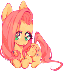 Size: 601x673 | Tagged: safe, artist:pictorch, derpibooru exclusive, fluttershy, pegasus, pony, chibi, cute, lying down, prone, shyabetes, simple background, solo, transparent background, watermark