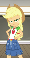 Size: 482x941 | Tagged: safe, screencap, applejack, better together, diy with applejack, equestria girls, applejack's hat, belt, clothes, cowboy hat, cropped, denim skirt, freckles, geode of super strength, hat, looking at you, magical geodes, skirt, smiling, stetson