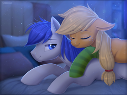 Size: 1200x900 | Tagged: safe, artist:scheadar, applejack, oc, oc:constance everheart, earth pony, pony, bed, canon x oc, clothes, everjack, eyes closed, female, floppy ears, freckles, male, mare, night, pillow, shipping, smiling, socks, stallion, straight, striped socks