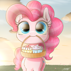 Size: 1900x1900 | Tagged: safe, artist:phoenixrk49, pinkie pie, earth pony, pony, basket, cheek fluff, chest fluff, cloud, cupcake, cute, diapinkes, ear fluff, eye clipping through hair, food, looking at you, mouth hold, signature, solo