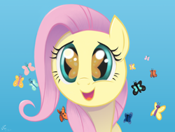 Size: 1920x1451 | Tagged: safe, artist:fladdrarblyg, fluttershy, butterfly, pegasus, pony, the cutie mark chronicles, amazed, bust, cute, eye reflection, female, filly, filly fluttershy, full face view, gradient background, open mouth, reflection, shyabetes, smiling, so many wonders, solo, younger