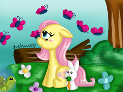 Size: 576x432 | Tagged: safe, artist:warped-dragonfly, angel bunny, fluttershy, butterfly, pegasus, pony, tortoise, carrot, female, floppy ears, flower, food, log, mare