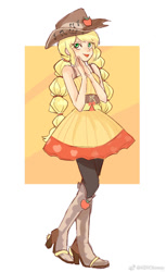 Size: 831x1361 | Tagged: safe, artist:keeerooooo1, applejack, human, equestria girls, friendship through the ages, applejack's hat, boots, clothes, cowboy hat, hat, humanized, shoes, sleeveless