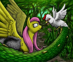 Size: 1351x1140 | Tagged: safe, artist:man-eating-llama, fluttershy, cockatrice, pegasus, pony, stare master, female, mare, petrification, scene interpretation, stare, the stare