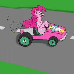 Size: 1000x1000 | Tagged: safe, artist:redquoz, pinkie pie, earth pony, pony, confetti, crossover, driving, looking offscreen, mario kart, racing, tongue out