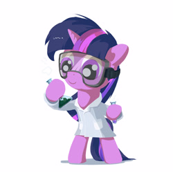 Size: 3000x3000 | Tagged: safe, artist:coldrivez, twilight sparkle, unicorn twilight, pony, unicorn, atg 2017, bipedal, chemistry, clothes, cute, erlenmeyer flask, goggles, hoof hold, lab coat, looking at something, newbie artist training grounds, simple background, solo, test tube, white background