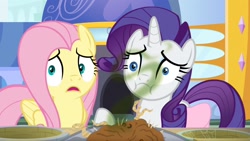 Size: 1674x944 | Tagged: safe, screencap, fluttershy, rarity, pegasus, pony, unicorn, the ending of the end, smell, stink lines