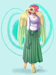 Size: 1635x2185 | Tagged: safe, artist:dinkydoolove, fluttershy, anthro, pegasus, unguligrade anthro, blouse, blushing, bow, breasts, clothes, female, floppy ears, hair bow, hair over one eye, hands behind back, hootershy, mare, redraw, skirt, solo, two toned wings, wings