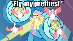 Size: 960x540 | Tagged: safe, edit, edited screencap, screencap, fluttershy, bird, goose, pegasus, pony, the ending of the end, caption, geese, image macro, text