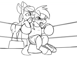 Size: 1200x899 | Tagged: safe, artist:tsitra360, apple bloom, big macintosh, earth pony, pony, boxing, boxing gloves, brother and sister, female, filly, male, monochrome, requested art, siblings, simple background, sketch, sports, stallion, towel, white background