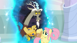 Size: 1920x1080 | Tagged: safe, screencap, discord, fluttershy, pegasus, pony, the last problem, lunch bag, older, older fluttershy, portal, wave, wing hands, wings