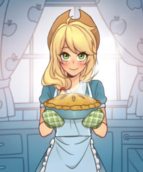 Size: 1000x1200 | Tagged: safe, artist:dcon, applejack, equestria girls, spoiler:comic, spoiler:comic72, anime, applejack's hat, apron, beautiful, blushing, clothes, cowboy hat, cute, dress, equestria girls interpretation, female, food, freckles, hat, jackabetes, kitchen, looking at you, moe, oven mitts, pie, scene interpretation, smiling, solo, stetson, window