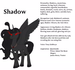 Size: 3009x2784 | Tagged: safe, artist:conthauberger, oc, oc only, oc:shadow, alicorn, pony, princess twilight sparkle (episode), alicorn oc, edgy, ow the edge, poe's law, princess trixie sparkle, red and black oc, reference sheet, shadow, shadow pony, simple background, solo, sombra eyes, text, white background