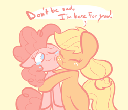 Size: 1280x1102 | Tagged: safe, artist:typhwosion, applejack, pinkie pie, earth pony, pony, applepie, bipedal, comforting, consoling, crying, cute, dialogue, eyes closed, female, freckles, hug, lesbian, love, mare, one eye closed, positive ponies, shipping, simple background, tears of joy