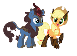 Size: 915x665 | Tagged: safe, edit, editor:proto29, applejack, oc, oc:whystral, kirin, original species, pony, timber pony, timber wolf, cloven hooves, cute, duo, engrish in the description, fangs, female, jackabetes, kirin oc, looking at each other, mare, shipping, simple background, species swap, timber wolfified, timberjack, transformation, white background