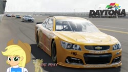 Size: 480x270 | Tagged: safe, artist:forzaveteranenigma, applejack, fanfic:equestria motorsports, equestria girls, car, chevrolet, chevrolet ss, daytona international speedway, daytona usa, driving, florida, ford, ford fusion, forza motorsport 7, nascar, racing, stock car, toyota, toyota camry, united states, watermark