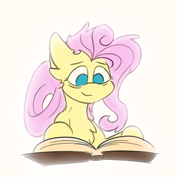 Size: 4000x4000 | Tagged: safe, artist:antimationyt, fluttershy, pegasus, pony, the last problem, bags under eyes, book, book of harmony, bust, chest fluff, female, mare, no pupils, older, older fluttershy, reading, simple background, smiling, solo, white background