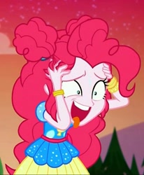 Size: 712x866 | Tagged: safe, edit, edited screencap, screencap, pinkie pie, better together, equestria girls, sunset's backstage pass!, clothes, crazy face, cropped, faic, music festival outfit, solo, tongue out