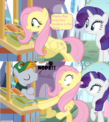 Size: 1364x1524 | Tagged: safe, edit, edited screencap, screencap, fluttershy, rarity, pegasus, pony, unicorn, the ending of the end, canterlot, comic, dialogue, food stand, screencap comic, shocked, speech bubble, suddenly, surprised, vendor