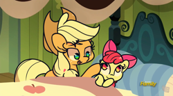 Size: 1280x707 | Tagged: safe, artist:turtlefarminguy, edit, edited screencap, screencap, apple bloom, applejack, earth pony, pony, bloom and gloom, apple siblings, applejack's hat, bedroom, bow, comforting, cowboy hat, cute, discovery family logo, female, filly, freckles, hair bow, hat, lullaby, mare, open mouth, pillow, scene interpretation, sisters