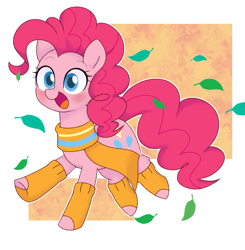 Size: 1175x1200 | Tagged: safe, artist:ch-chau, pinkie pie, earth pony, pony, abstract background, autumn, clothes, cute, diapinkes, female, happy, leaf, leaves, leg warmers, mare, open mouth, scarf, smiling, solo