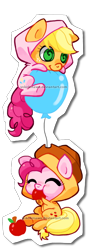 Size: 510x1405 | Tagged: safe, artist:yokokinawa, applejack, pinkie pie, earth pony, pony, apple, balloon, blushing, chibi, clothes, costume, food, friendship, kigurumi, simple background, transparent background, watermark