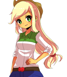 Size: 640x740 | Tagged: safe, artist:weiliy, applejack, human, equestria girls, anime, applejack's hat, belt, blushing, clothes, cowboy hat, cute, denim, denim skirt, female, freckles, hair tie, hand on hip, hat, looking at you, moe, open mouth, pixiv, ponytail, pose, rolled up sleeves, simple background, skirt, smiling, solo, stetson, white background