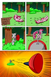 Size: 1024x1536 | Tagged: safe, artist:cartoon-eric, pinkie pie, oc, oc:fred wolfbane, earth pony, pony, comic:pink. it's what's for dinner, comic, grass field, gun, rolling, sign, suction cup, weapon